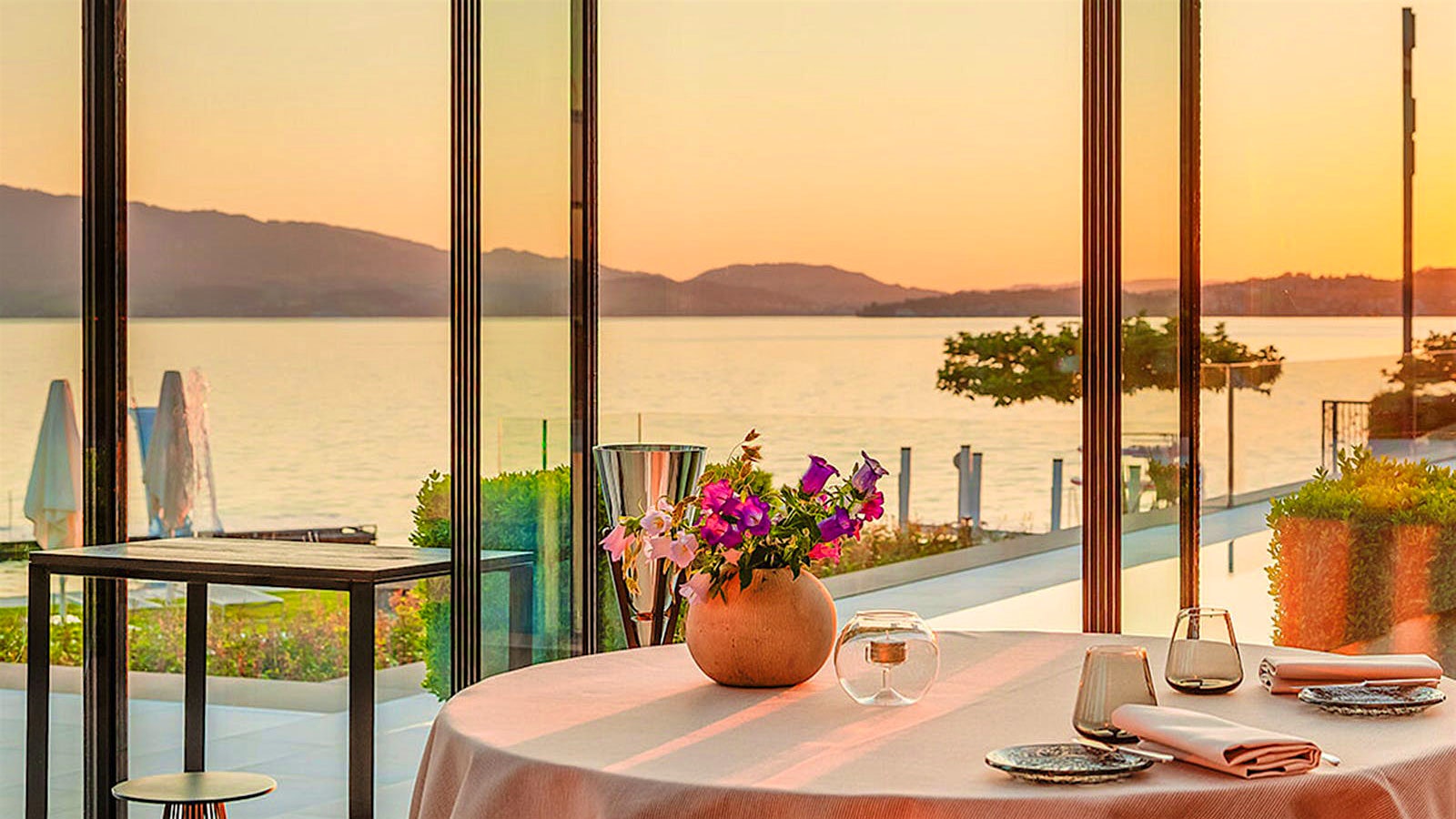 A table at Focus Atelier with views of Lake Lucerne in Switzerland